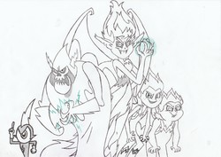 Size: 3476x2460 | Tagged: source needed, useless source url, safe, artist:blackrobtheruthless, snails, snips, sunset shimmer, demon, equestria girls, g4, commander peepers, demons, lord hater, sketch, sunset satan, traditional art, wander over yonder