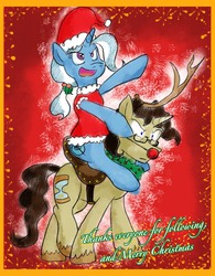 Size: 1250x1600 | Tagged: safe, artist:phillipfga, artist:showtimewithwhooves, doctor whooves, time turner, trixie, reindeer, g4, christmas, clothes, costume, ponies riding ponies, riding, tumblr