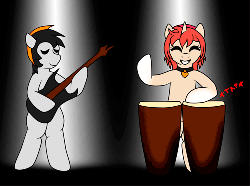 Size: 500x372 | Tagged: safe, artist:midnightmeowth, oc, oc only, oc:arty, animated, drums, guitar, music, musical instrument
