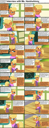 Size: 1282x3304 | Tagged: safe, ms. harshwhinny, earth pony, pony, comic:celestia's servant interview, g4, caption, clothes, comic, female, interview, mare, solo
