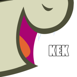 Size: 612x612 | Tagged: safe, oc, oc only, oc:rosewood, bat pony, pony, /mlp/, caption, close-up, fangs, image macro, kek, meme, mouth, nose, nostrils, open mouth, smiling, solo, teeth, tongue out, tooth