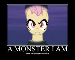 Size: 750x600 | Tagged: safe, fluttershy, bat pony, pony, bats!, g4, fangs, female, flutterbat, looking at you, motivational poster, race swap, solo, vampire the masquerade, world of darkness