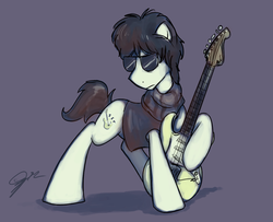 Size: 1280x1041 | Tagged: source needed, useless source url, safe, artist:fartha, earth pony, pony, classic rock ponies, clothes, electric guitar, guitar, jeff beck, musical instrument, rock (music), scarf, signature, simple background, solo, sunglasses, vest