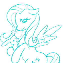 Size: 512x512 | Tagged: safe, artist:zonderdidi, fluttershy, pegasus, pony, rabbit, g4, animal, female, mare, monochrome