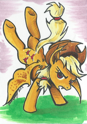 Size: 740x1054 | Tagged: safe, artist:asiamartinez, applejack, bat pony, pony, g4, applebat, bat ponified, bucking, female, painting, race swap, solo, underhoof