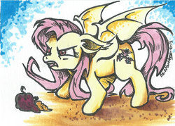 Size: 1049x750 | Tagged: safe, artist:asiamartinez, fluttershy, bat pony, pony, bats!, g4, female, flutterbat, painting, race swap, solo, traditional art