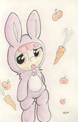 Size: 667x1036 | Tagged: safe, artist:slightlyshade, apple bloom, g4, apple, bunny bloom, bunny costume, bunny pajamas, carrot, clothes, female, solo, tongue out, traditional art