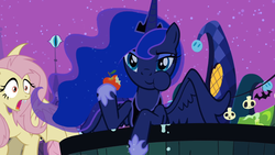 Size: 1920x1080 | Tagged: safe, edit, edited screencap, screencap, fluttershy, princess luna, bat pony, pony, bats!, g4, luna eclipsed, apple, dat apple, eating, flutterbat, meme, race swap