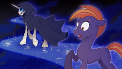 Size: 1764x1000 | Tagged: safe, artist:stasysolitude, skeleton pony, blank flank, bone, cloak, clothes, death (equine-morphic personification), discworld, duo, grim reaper, male, mort, ponified, skeleton, stallion, stars