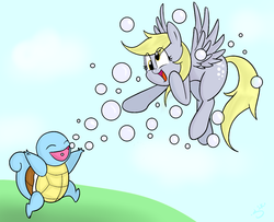 Size: 1171x952 | Tagged: safe, artist:silver1kunai, derpy hooves, pegasus, pony, squirtle, g4, bubble, crossover, female, flying, mare, pokémon