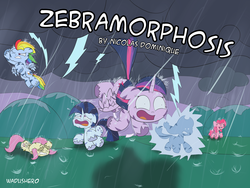 Size: 4000x3000 | Tagged: safe, artist:wadusher0, applejack, fluttershy, pinkie pie, rainbow dash, rarity, twilight sparkle, alicorn, pony, zebra, zebra alicorn, zebracorn, zebrasus, g4, cover, fanfic, high res, lightning, mane six, race swap, rain, species swap, twilight sparkle (alicorn), zebrafied