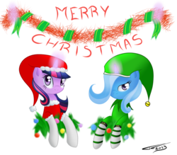 Size: 955x836 | Tagged: safe, artist:thetelfeu, trixie, twilight sparkle, g4, christmas, hat, santa hat