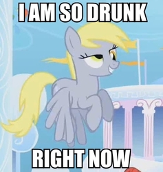 Size: 403x426 | Tagged: safe, edit, edited screencap, screencap, derpy hooves, pegasus, pony, g4, sonic rainboom (episode), caption, drunk, female, grin, image macro, mare, smiling, solo