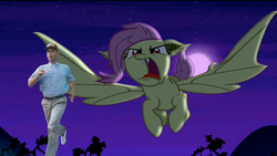 Size: 1920x1080 | Tagged: safe, edit, edited screencap, screencap, fluttershy, bat pony, human, bats!, g4, fangs, flutterbat, flutterbat attack, flying, forrest gump, irl, irl human, meme, moon, night, photo, race swap, run forrest run, tom hanks