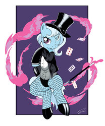 Size: 1600x1920 | Tagged: dead source, safe, artist:deltalinwie, trixie, pony, unicorn, g4, card, clothes, cosplay, costume, female, fishnet stockings, hat, leotard, magic, magic trick, magic wand, magician, mare, solo, top hat, zatanna