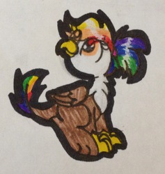 Size: 1491x1571 | Tagged: safe, artist:colorfulwonders, oc, oc only, oc:rainbow feather, griffon, hybrid, interspecies offspring, looking up, magical lesbian spawn, offspring, parent:gilda, parent:rainbow dash, parents:gildash, sitting, smiling, solo, traditional art