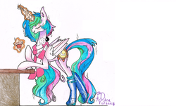 Size: 943x568 | Tagged: dead source, safe, artist:ados-e, princess celestia, alicorn, pony, g4, boots, clothes, eyes closed, female, muffin, scarf, solo, traditional art