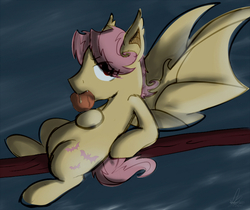 Size: 500x419 | Tagged: safe, artist:nolycs, fluttershy, bat pony, pony, bats!, g4, adorascotch, apple, batterscotch, butterscotch, cute, flutterbat, race swap, rule 63, rule63betes, shyabates, shyabetes, sketch, solo