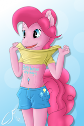 Size: 1000x1500 | Tagged: safe, artist:cloudedfuture, pinkie pie, earth pony, anthro, g4, belly button, belly piercing, bellyring, bubble berry, cutie mark, fetish, male, navel fetish, piercing, rule 63, solo