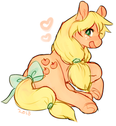 Size: 548x595 | Tagged: safe, artist:senpeep, applejack (g1), g1, g4, cute, female, g1 jackabetes, g1 to g4, g1betes, generation leap, heart, prone, simple background, solo, tail bow, underhoof