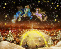 Size: 1250x1000 | Tagged: safe, artist:skyeypony, princess luna, twilight sparkle, alicorn, pony, g4, christmas, female, flying, hat, mare, santa hat, snow, snowfall, twilight sparkle (alicorn)