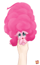 Size: 489x800 | Tagged: safe, artist:norang94, pinkie pie, food pony, human, original species, pony, g4, :o, adorable distress, alternate hairstyle, clothes, costume, cotton candy, cute, floppy ears, food, food costume, holding a pony, impossibly large mane, in goliath's palm, long mane, looking at you, micro, this will end in death, this will not end well