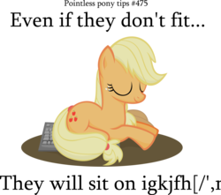 Size: 3905x3458 | Tagged: dead source, safe, artist:jittery-the-dragon, applejack, earth pony, pony, g4, behaving like a cat, eyes closed, female, freckles, hatless, keyboard, mare, missing accessory, pointless pony tips, simple background, sitting, smiling, solo, transparent background