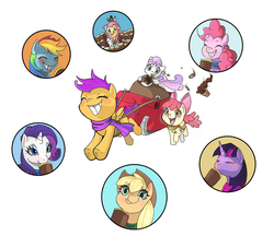 Size: 1280x1164 | Tagged: safe, artist:idrawweeklypony, angel bunny, apple bloom, applejack, fluttershy, pinkie pie, rainbow dash, rarity, scootaloo, sweetie belle, twilight sparkle, bird, g4, bag, clothes, cutie mark crusaders, drink, eyes closed, hot chocolate, mane six, pulling, scarf, sleigh