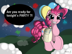 Size: 2000x1500 | Tagged: safe, artist:malamol, pinkie pie, g4, balloon, female, fireworks, solo