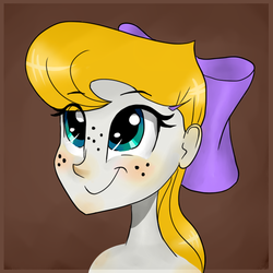 Size: 630x630 | Tagged: safe, artist:sigmanas, oc, oc only, equestria girls, g4, bow, bust, caramel splash, female, freckles, humanized, portrait, pug nose, smiling, solo, square