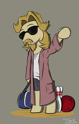 Size: 568x895 | Tagged: safe, artist:php49, derpibooru exclusive, jeff letrotski, pony, g4, bipedal, bowling ball, bowling pin, clothes, glass, hoof hold, looking at you, ponified, solo, sunglasses, the big lebowski, the dude