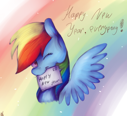 Size: 597x549 | Tagged: artist needed, safe, rainbow dash, g4, female, happy new year, mouth hold, sign, solo, wink