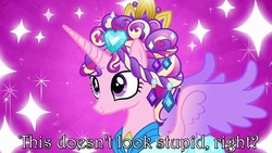 Size: 1280x720 | Tagged: safe, edit, edited screencap, screencap, princess cadance, alicorn, pony, g4, games ponies play, ceremonial headdress, clueless, female, image macro, solo