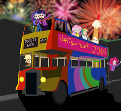 Size: 3892x3568 | Tagged: safe, artist:garretthegarret, applejack, fluttershy, pinkie pie, rainbow dash, rarity, twilight sparkle, equestria girls, g4, bus, double decker bus, happy new year, human coloration, humanized, leyland, leyland titan, light skin, mane six
