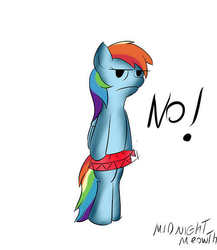 Size: 500x575 | Tagged: safe, artist:midnightmeowth, rainbow dash, g4, 30 minute art challenge, angry, clothes, disapproval, exclamation point, female, no, skirt, solo, tutu, unamused