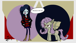 Size: 1024x576 | Tagged: safe, artist:ilumintor, fluttershy, bat pony, human, pony, bats!, g4, adventure time, crossover, flutterbat, male, marceline, race swap