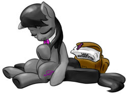 Size: 1279x955 | Tagged: safe, artist:nadnerbd, octavia melody, earth pony, pony, g4, bag, bowtie, eyes closed, female, mare, music notes, simple background, sitting, solo, transparent background