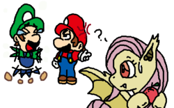 Size: 495x306 | Tagged: safe, artist:icepony64, fluttershy, bat pony, pony, bats!, g4, crossover, flutterbat, luigi, male, mario, question mark, race swap, simple background, super mario bros., transparent background