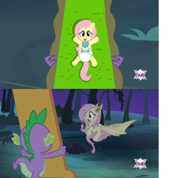 Size: 1024x1024 | Tagged: safe, fluttershy, spike, bat pony, pony, g4, baby, bib, diaper, exploitable meme, flutterbat, flutterbat's mirror, meme, race swap