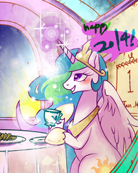 Size: 1117x1399 | Tagged: dead source, safe, artist:renokim, princess celestia, g4, 2014, calendar, cookie, female, new year, solo, tea, teacup