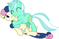 Size: 9654x6405 | Tagged: safe, artist:vulthuryol00, bon bon, lyra heartstrings, sweetie drops, earth pony, pony, unicorn, g4, ^^, absurd resolution, bon bon is not amused, duo, eyes closed, female, hug, lesbian, mare, ship:lyrabon, shipping, show accurate, simple background, transparent background