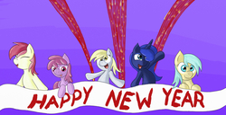 Size: 3762x1933 | Tagged: safe, artist:springveil, berry punch, berryshine, derpy hooves, princess luna, roseluck, sunshower raindrops, pegasus, pony, g4, banner, female, happy new year, mare, new year