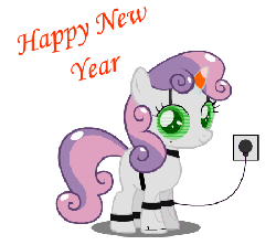 Size: 450x400 | Tagged: safe, artist:agrol, sweetie belle, pony, robot, unicorn, g4, animated, charging, female, filly, foal, gif, happy new year, hooves, horn, simple background, smiling, solo, sweetie bot, text, white background
