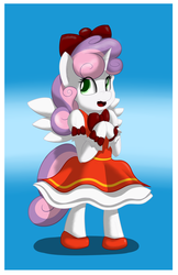 Size: 1242x1920 | Tagged: safe, artist:ookamithewolf1, sweetie belle, pony, g4, bipedal, cardcaptor sakura, clothes, cosplay, cute, diasweetes, dress, female, solo, wings