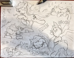 Size: 2497x1936 | Tagged: safe, artist:redapropos, applejack, earth pony, pony, g4, bed, bed mane, blanket, cute, female, freckles, jackabetes, loose hair, mare, monochrome, on back, onomatopoeia, pillow, sketch, sketch dump, sleeping, snoring, solo, sound effects, traditional art, zzz