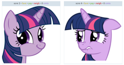 Size: 931x490 | Tagged: safe, twilight sparkle, derpibooru, g4, exploitable meme, juxtaposition, juxtaposition win, meme, meta, twiface