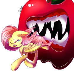 Size: 823x800 | Tagged: dead source, safe, artist:inky-pinkie, fluttershy, bat pony, pony, g4, apple, crying, fangs, female, flutterbat, food monster, mare, monster, open mouth, race swap, revenge, role reversal, run away, running, scared, sharp teeth, teeth, this will not end well