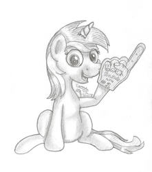 Size: 1740x1964 | Tagged: safe, artist:inurantchan, lyra heartstrings, pony, unicorn, g4, female, foam finger, grayscale, hand, monochrome, simple background, sitting, smiling, solo, that pony sure does love hands, traditional art, white background