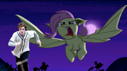 Size: 1920x1080 | Tagged: safe, edit, edited screencap, screencap, fluttershy, bat pony, human, vampire, bats!, g4, breaking dawn, eclipse, edward cullen, fangs, flutterbat, flutterbat attack, flying, irl, irl human, meme, new moon, photo, race swap, twilight (series)