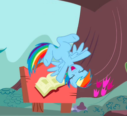 Size: 466x426 | Tagged: safe, screencap, rainbow dash, daring don't, g4, female, flying, golden oaks library, jumping, library, out of context, solo